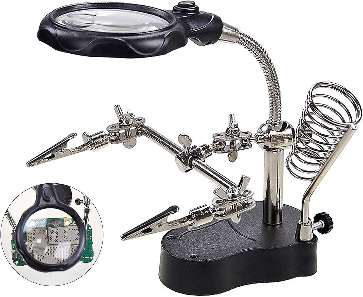 Soldeerstation, 3,5X 12X vergrootglas LED-verlicht vergrootglas met hulpklemmen Alligatorklem Reparatiegereedschapsset voor solderen, montage, miniaturen