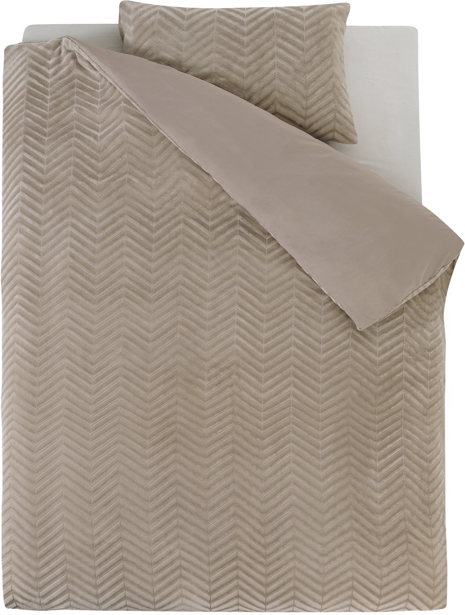 Sleeptime Teddy Chevron Dekbedovertrek - Eenpersoons - 140X200/220 + 1 x kussensloop 60x70 - Taupe