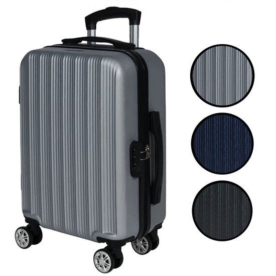 Zilverkleurige handbagage koffer met ribbelpatroon en geïntegreerd slot, met close-ups van de textuur in zilver, marineblauw en zwart.