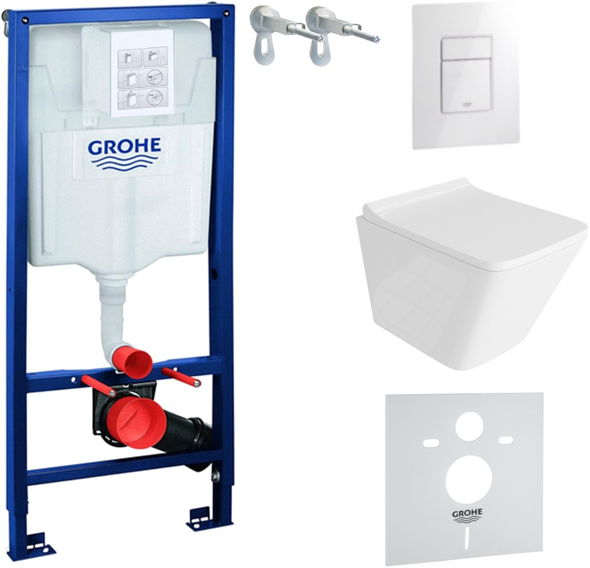Inbouwreservoir Complete Toiletset Grohe Solido 39069000 - Inbouw WC Hangtoilet Wandcloset Lago Wit Hoogglans - Bedieningsplaat EVEN 3in1 Wit Hoogglans - Voorwandelement - Installatiesysteem