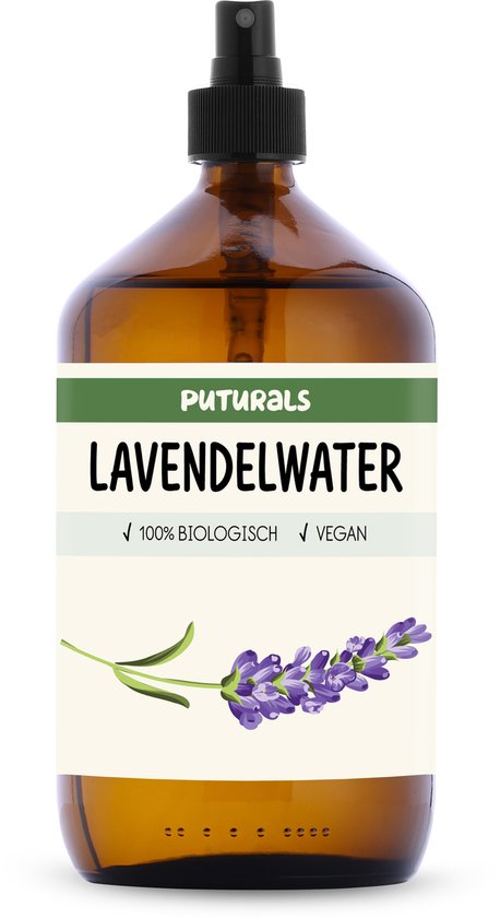 Bruine sprayfles met groen en crème etiket, tekst 'PUTURALS LAVENDELWATER 100% BIOLOGISCH VEGAN', met een lavendeltak.