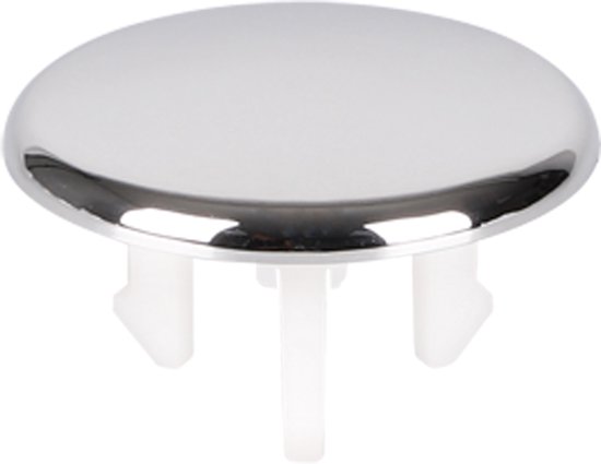 Cache-trou rond et chromé avec trois broches blanches en plastique sur le dessous.