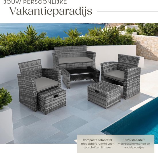 tectake® - wicker tuinzitgroep voor 4 personen met kruk, poly rotan tuinmeubelset met ingebouwde opbergbox in de bank - grijs - incl. beschermhoes