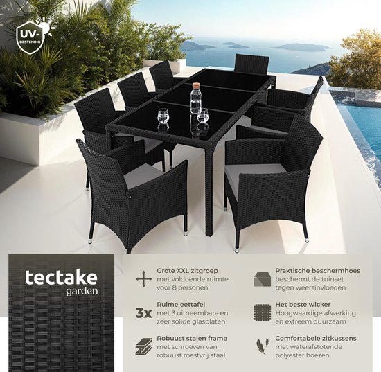 Zwarte wicker tuinset met tafel en 8 stoelen met grijze kussens, met beschermhoes, weerbestendig.