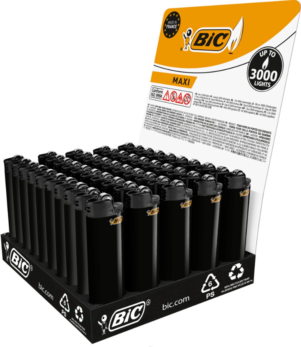 BIC J26 Maxi Lighters - 50 stuks - vuursteen flint aanstekers - All Black Decor- Display van 50 zwarte aanstekers BIC - Kindveilig