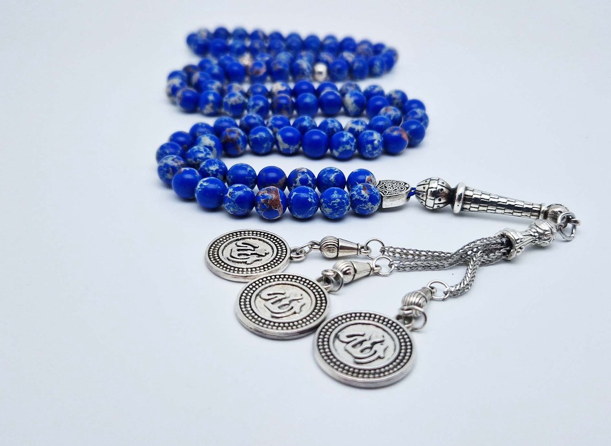 Handgemaakte tesbih "Tasbih" natuursteen " Lapis Lazuli" - Aantal kralen 99 - Diameter kralen 8MM - met metaal tassel "Allah Alwahid" - Een mooi cadeau-idee