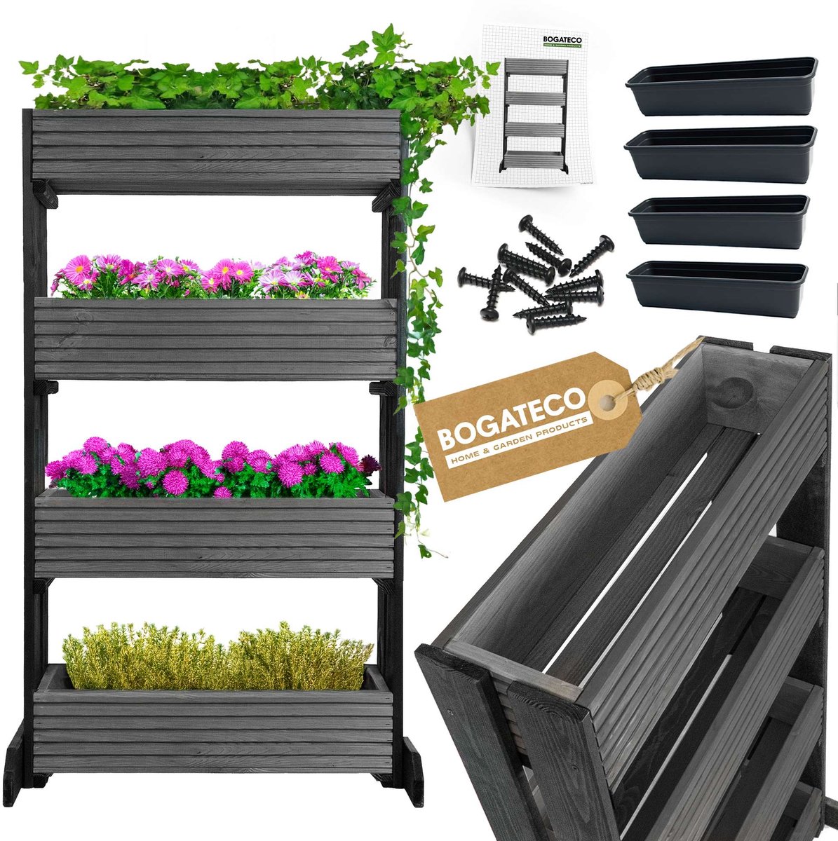 BOGATECO | Set van 4 bloempotten op standaard | Set van 4 bloempot plantenbakken 64x20cm | Houten bloempotten voor tomaten en bloemen, plantenbak voor tuinbalkon | 120cm hoog | Zwart