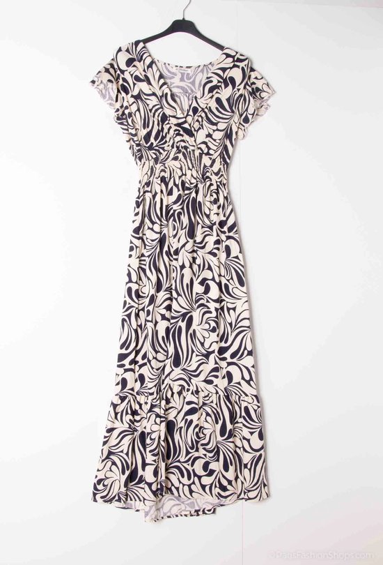 Lange dames jurk Amelia fantasiemotief donker blauw navy beige Maat M/L strandjurk