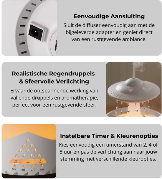 Drie illustraties van de UFO-aroma diffuser: aansluiting, regenimitatie met licht, en timer/kleuropties.