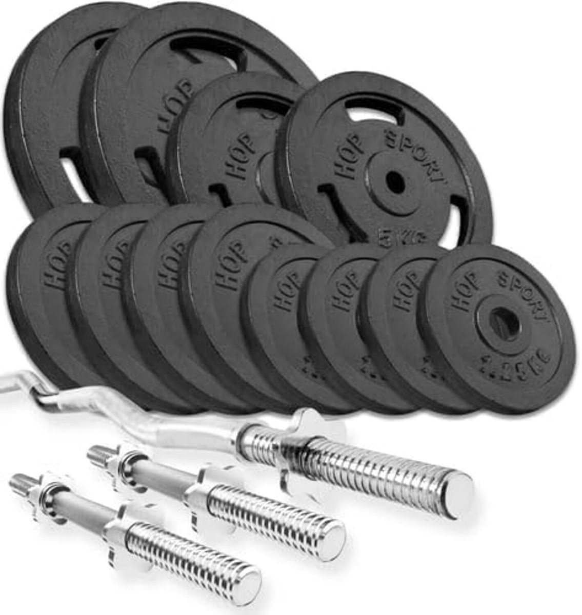 Hop-Sport Gietijzeren Halterset 57 kg – Curlstang & Korte Halters met Gewichten voor Krachttraining Thuis
