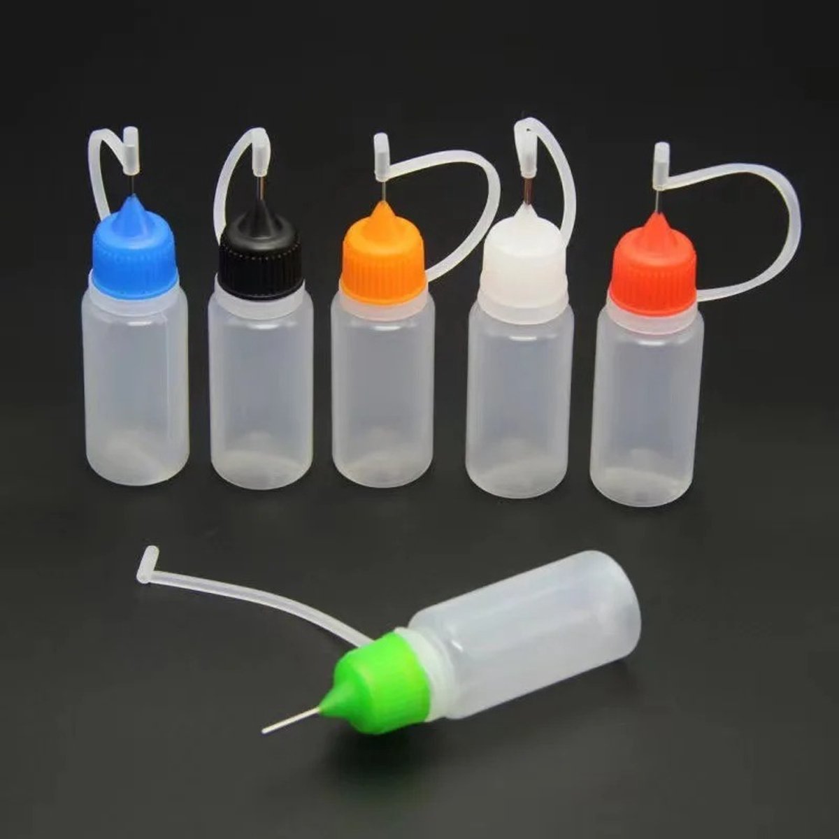 Naaldfles, 5 ml doseerfles, applicatorfles met 2 trechters en 2 pipet, naaldpunt, knijpfles