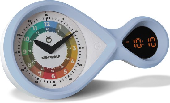 Réveil enfant KidyWolf bleu avec cadran coloré et affichage numérique de l'heure.