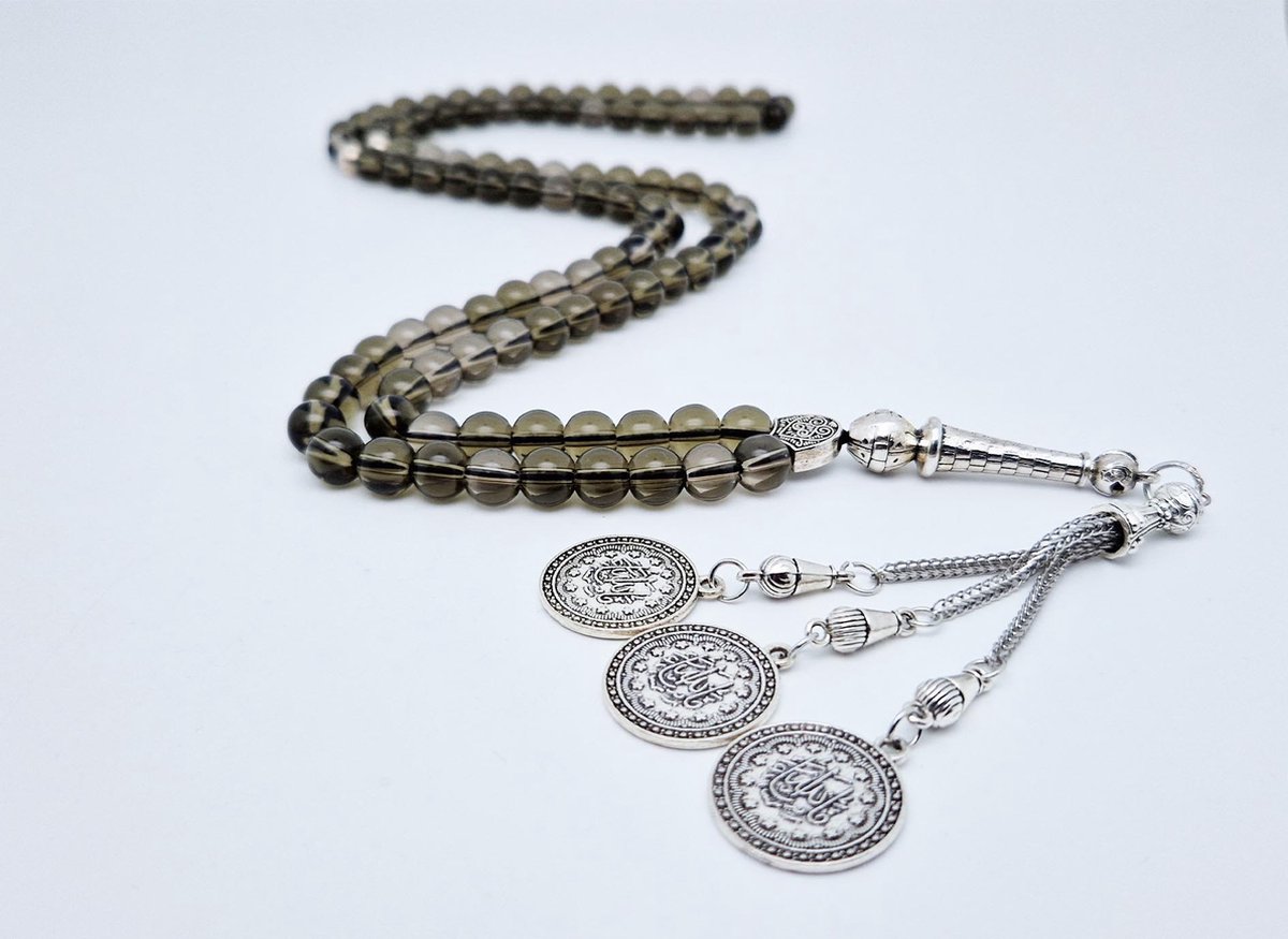 Handgemaakte tesbih "Tasbih" natuursteen " Rookkwarts" - Aantal kralen 99 - Diameter kralen 8MM - met metaal tassel "Masha' allah" - Een mooi cadeau-idee