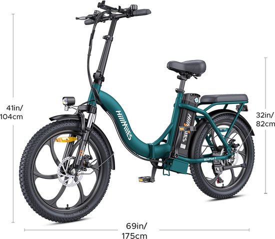 HillMiles MilePort 1 Elektrische fiets - 20 inch opvouwbare e-bike - 250W motor - 36V 13Ah uitneembare batterij - Actieradius tot 80 km - Elektrische stadsfiets - Groen — afbeelding 2