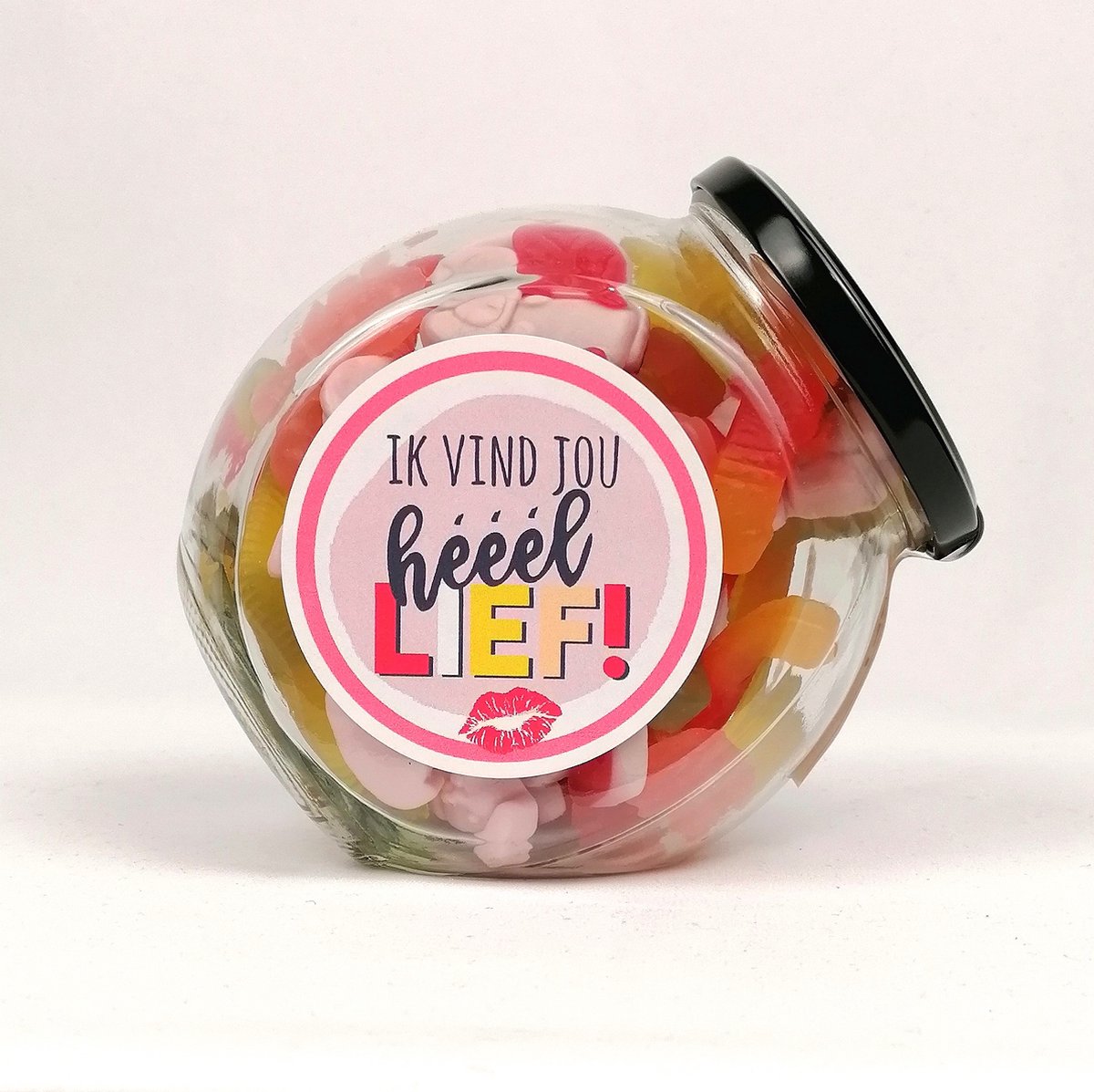 Snoeppot liefde, "Ik vind jou heel lief" - gevuld met winegum snoepmix - Valentijn - Liefde - Moederdag - Snoep cadeau