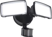Zwarte tweekoppige buitenlamp met bewegingssensor, witte LED-lampen.