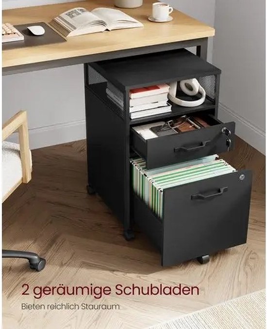 YITAHOME Archiefkast met 3 laden afsluitbaar, mobiele archiefkast voor thuiskantoor, houten opbergkast voor A4, briefformaat documenten, printertafel met open compartimenten, slot en wielen, zwart