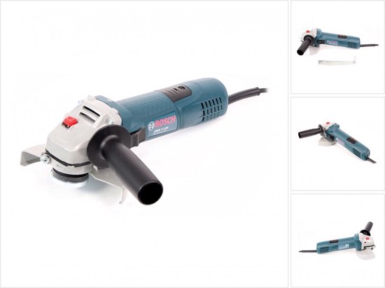 Collage van haakse slijpers van Bosch Professional in blauw en zilver, met zwarte handgrepen.