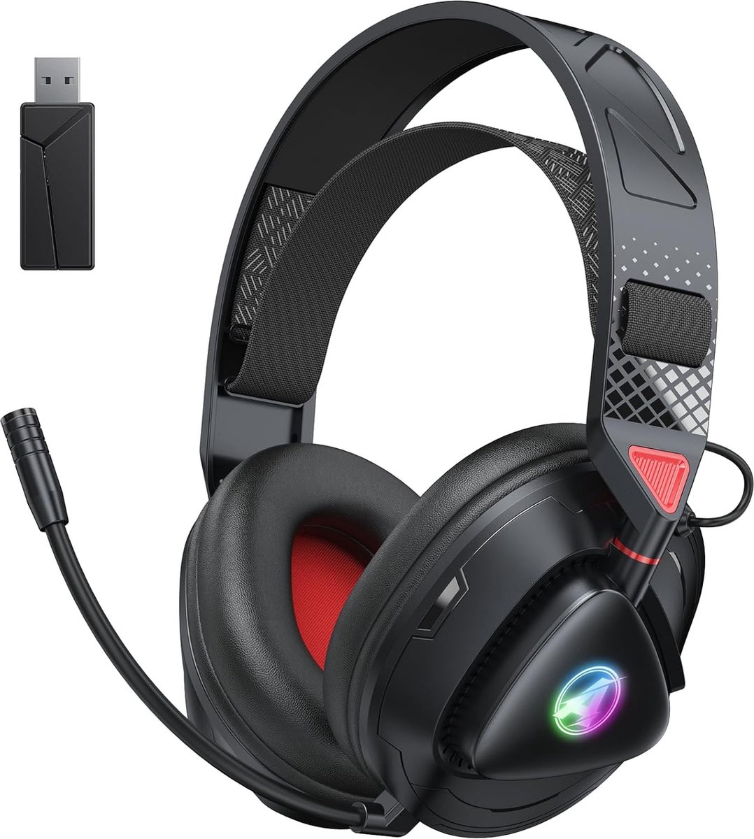 StayPowered Gaming Headset - Draadloos Genot met 50 mm Drivers - Ultra Lage Latenie - RGB-verlichting - Afneembare Microfoon - Ruisonderdrukking - 50 Uur Accuduur - Brede Compatibiliteit - Bluetooth 5.4 - Zwart/Rood - Levering Sneller dan Aangegeven!