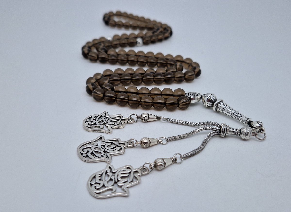 Handgemaakte tesbih "Tasbih" natuursteen " Rookkwarts" - Aantal kralen 99 - Diameter kralen 8MM - met metaal tassel "Maryams handpalm" - Een mooi cadeau-idee