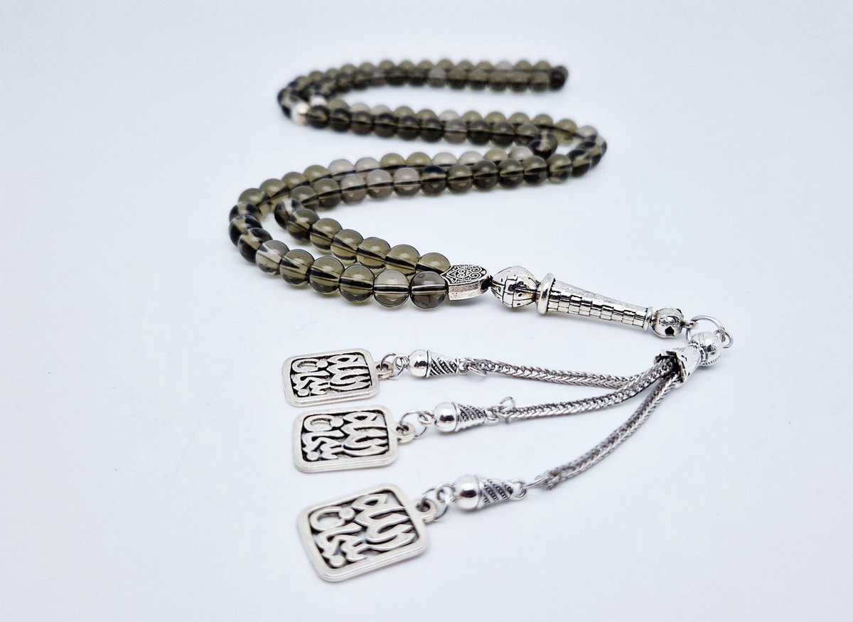 Handgemaakte tesbih "Tasbih" natuursteen " Rookkwarts" - Aantal kralen 99 - Diameter kralen 8MM - met metaal tassel "Subhan Allah" - Een mooi cadeau-idee