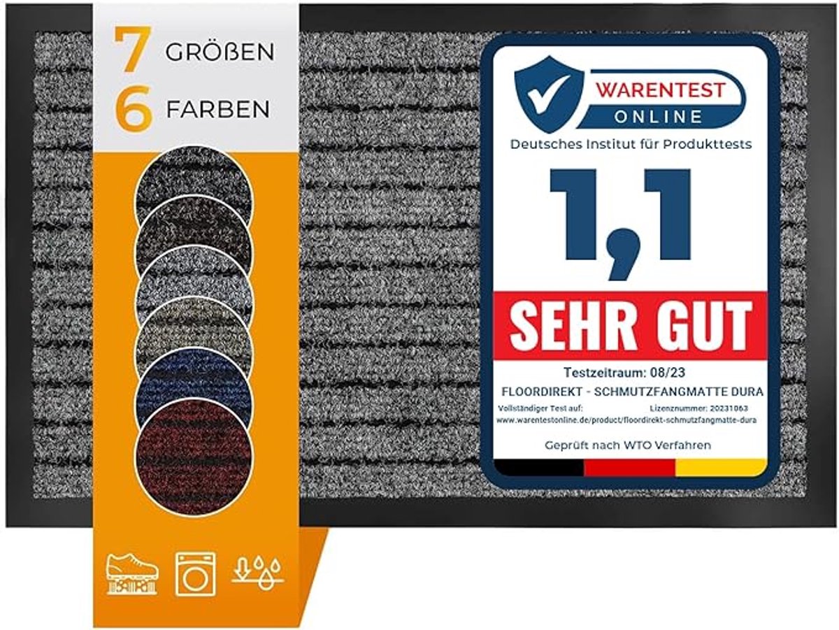 Floordirekt Dura Deurmat - Robuust & Duurzaam - In vele Maten en Kleuren - Antislip Schoonloopmat - Voor Binnen en Buiten - Grijs - 150 x 180 cm