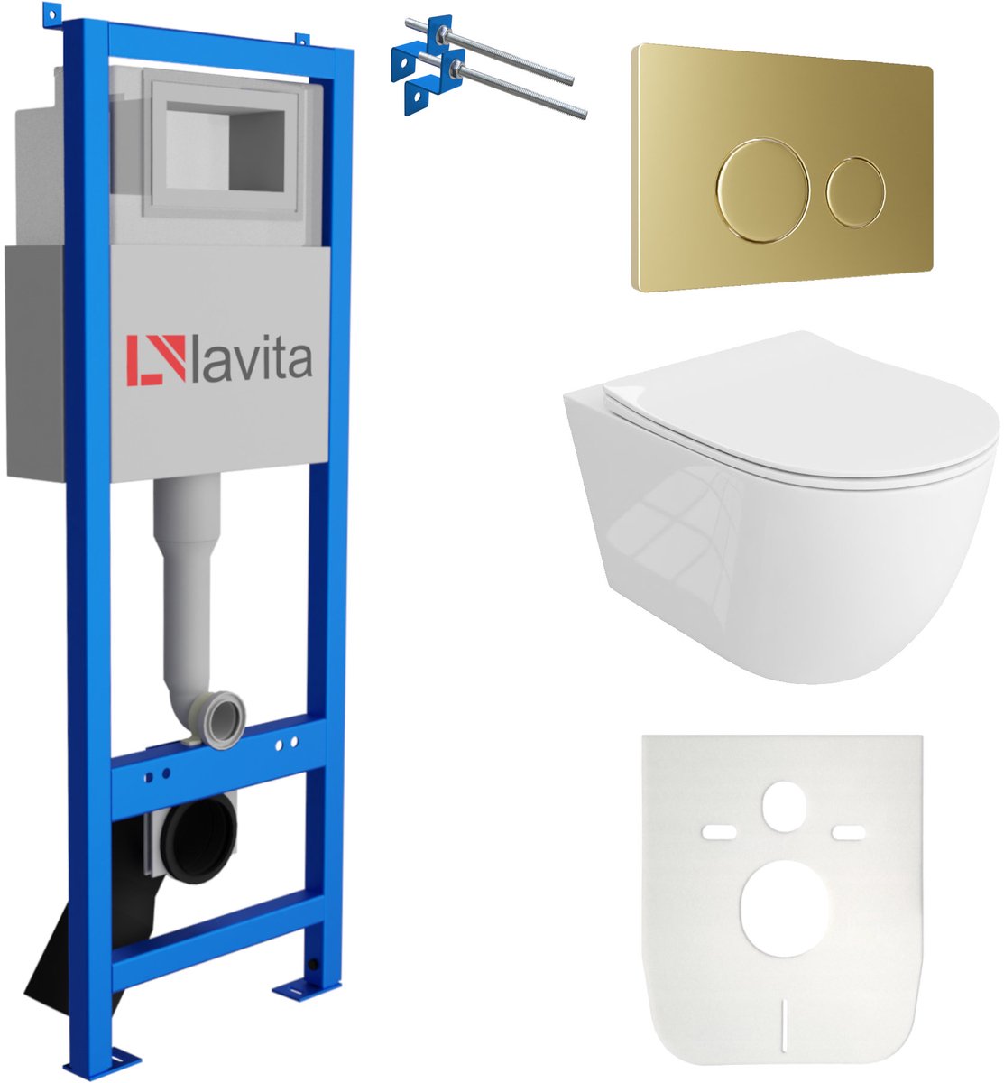 LAVITA® Inbouwreservoir Complete Toiletset LAV 101 - Inbouw WC Hangtoilet Wandcloset SINTO GRANDE Wit Hoogglans - Bedieningsplaat 200.4.5 Gouden - Voorwandelement voor toilet 40cm - Installatiesysteem
