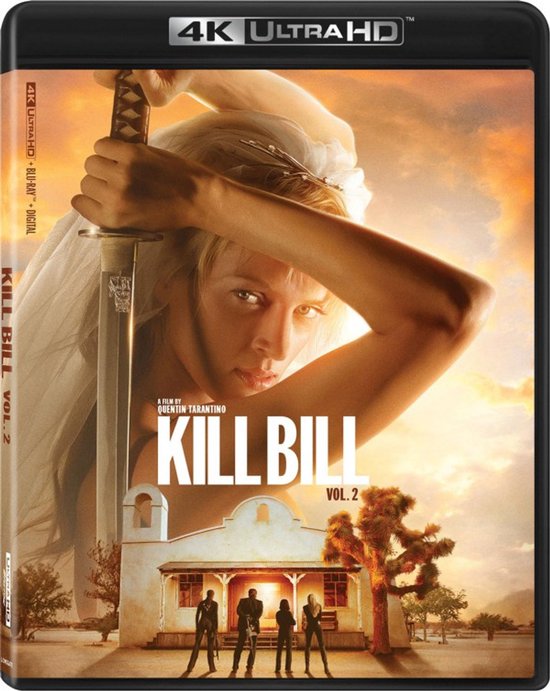 Kill Bill Vol. 2 4K Ultra HD Blu-ray hoes met een vrouw met een zwaard en een witte bruids sluier, met de tekst 'Kill Bill Vol. 2'.