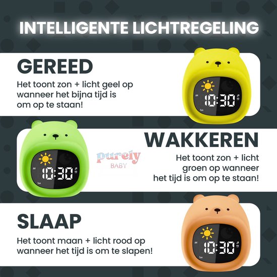 Purely Baby Slaaptrainer Hond - Kinderwekker met Wake Up Light - Slaapwekker met Nachtlamp en Timer Functie - 6 Slaapgeluiden en 3 Lichtindicaties - RGB Kleurmodi met 7 Kleuren - Slaap Trainer voor Kinderen - Kinder Wekker van Purely Baby — afbeelding 3