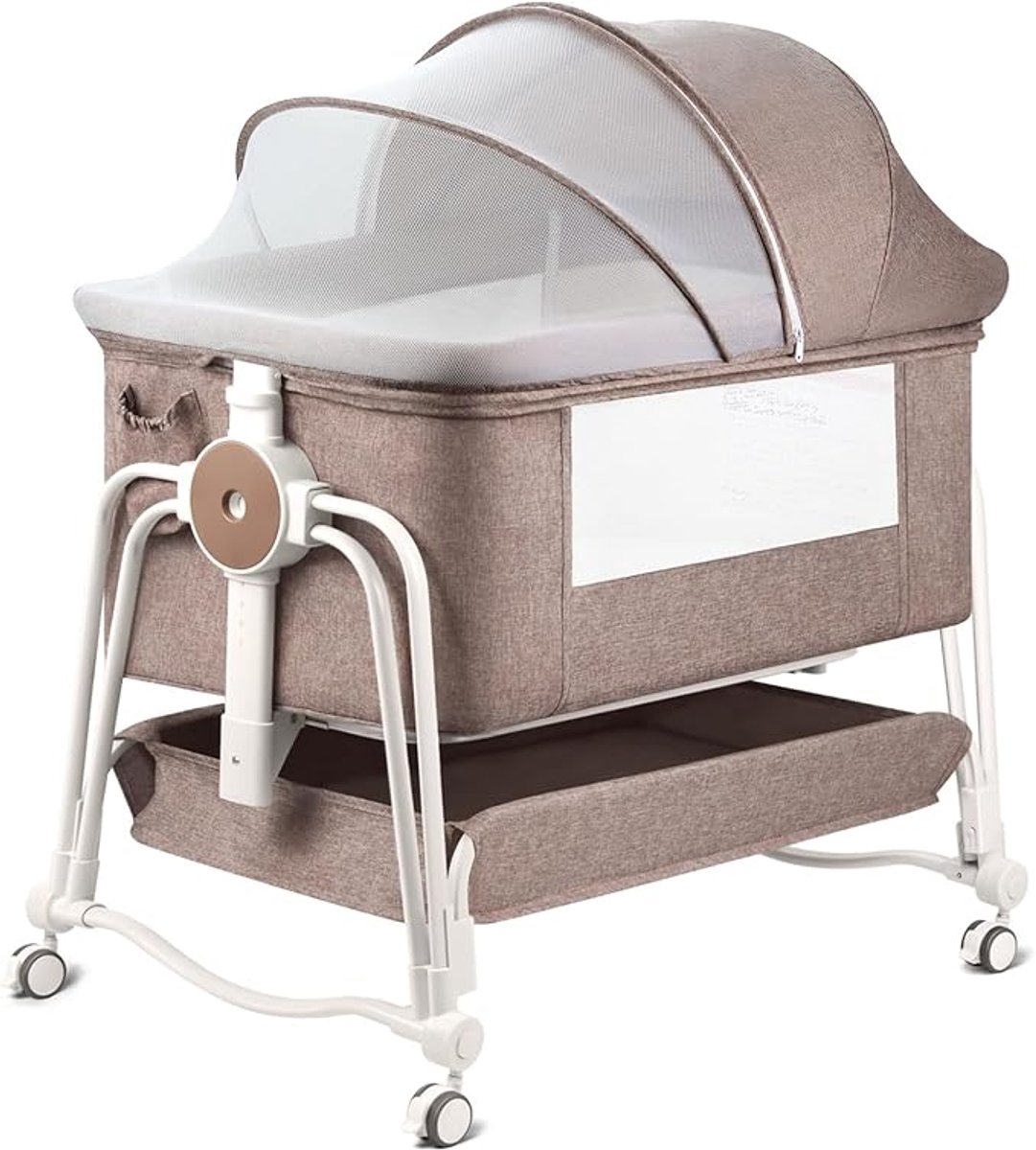 Image of 4-in-1 bijzetbed voor baby's, reisbed voor baby's, babybed, 7 vakken, in hoogte verstelbaar, met opbergmand en draagtas, licht kinderbed met wieltjes, matras en muggennet (kaki)