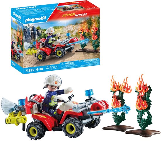 Playmobil brandweer quad met brandweerman, waterkanon en vlammen. Set 71825, 47 stuks.