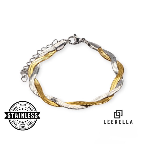 Bicolor gevlochten slang armband van roestvrij staal in goud- en zilverkleur met een verstelbare schakelketting.