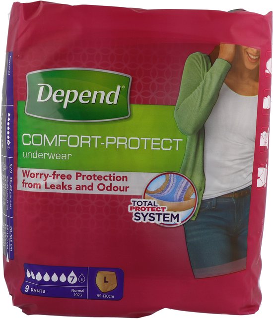 Depend Comfort-Protect Underwear verpakking met op de voorkant een vrouw in groen vest en jeans. Maat L, 9 panty's. Met illustratie van het 'Total Protect System'.