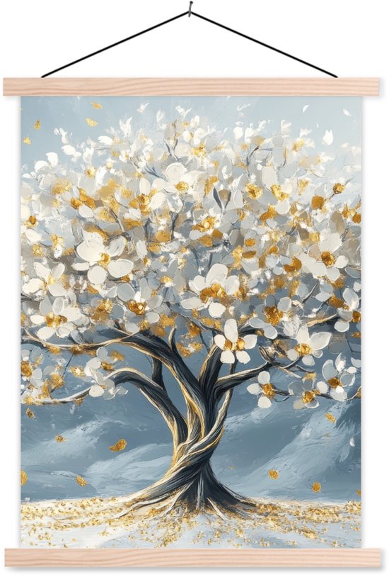 Posterhanger incl. Poster 87x120 cm - Schoolplaat - Boom - Winter - Levensboom - Modern - Goud - Textielposter - Blanke latten