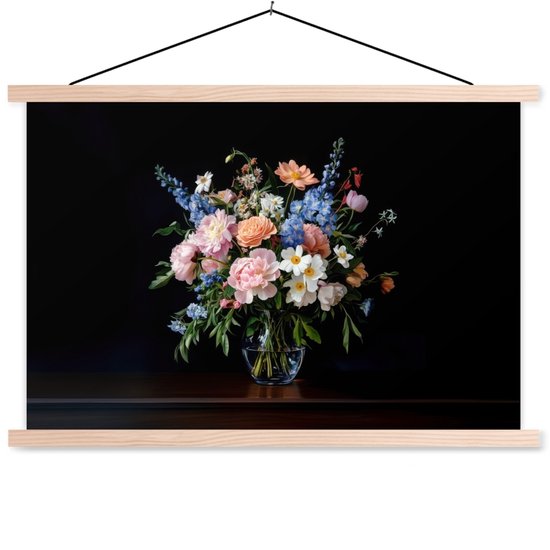 Posterhanger incl. Poster 90x60 cm - Schoolplaat - Pastel - Bloemen - Glazen - Vaas - Textielposter - Blanke latten