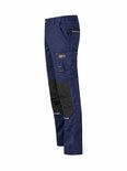 Pantalon de travail bleu marine avec genouillères noires renforcées, poches cargo et passepoils réfléchissants.