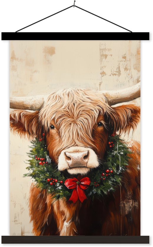 Posterhanger incl. Poster 60x90 cm - Schoolplaat - Kerst - Schotse Hooglander - Bruin - Krans - Textielposter - Zwarte latten