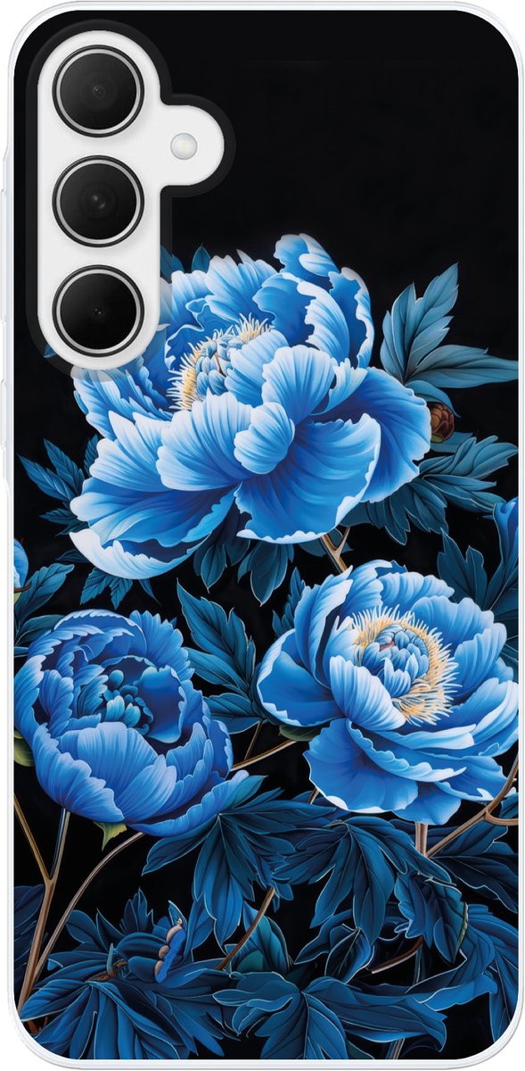 Telefoonhoesje Geschikt voor Samsung Galaxy A36 hoesje - Bloemen - Zwart - Blauw - Modern - Siliconen Telefoonhoesje Telefoonhoesje