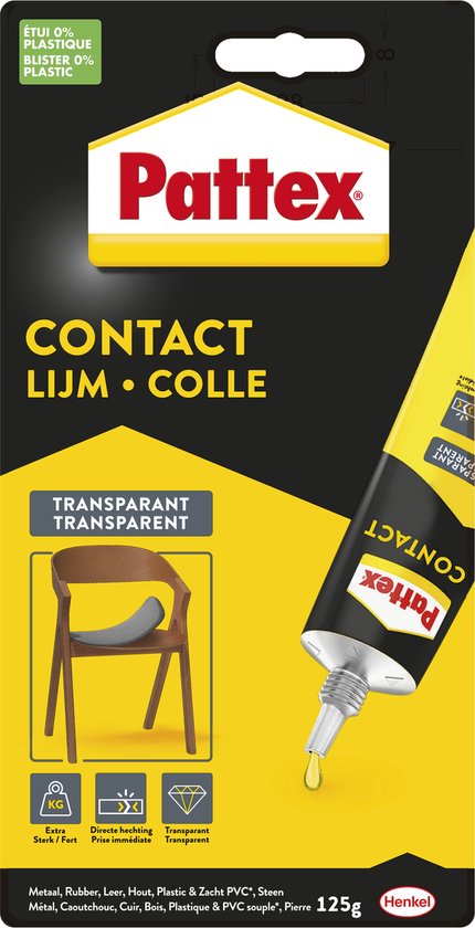 Pattex Contact Lijm Collee tube met transparante lijm. Toont een stoel die gerepareerd wordt.