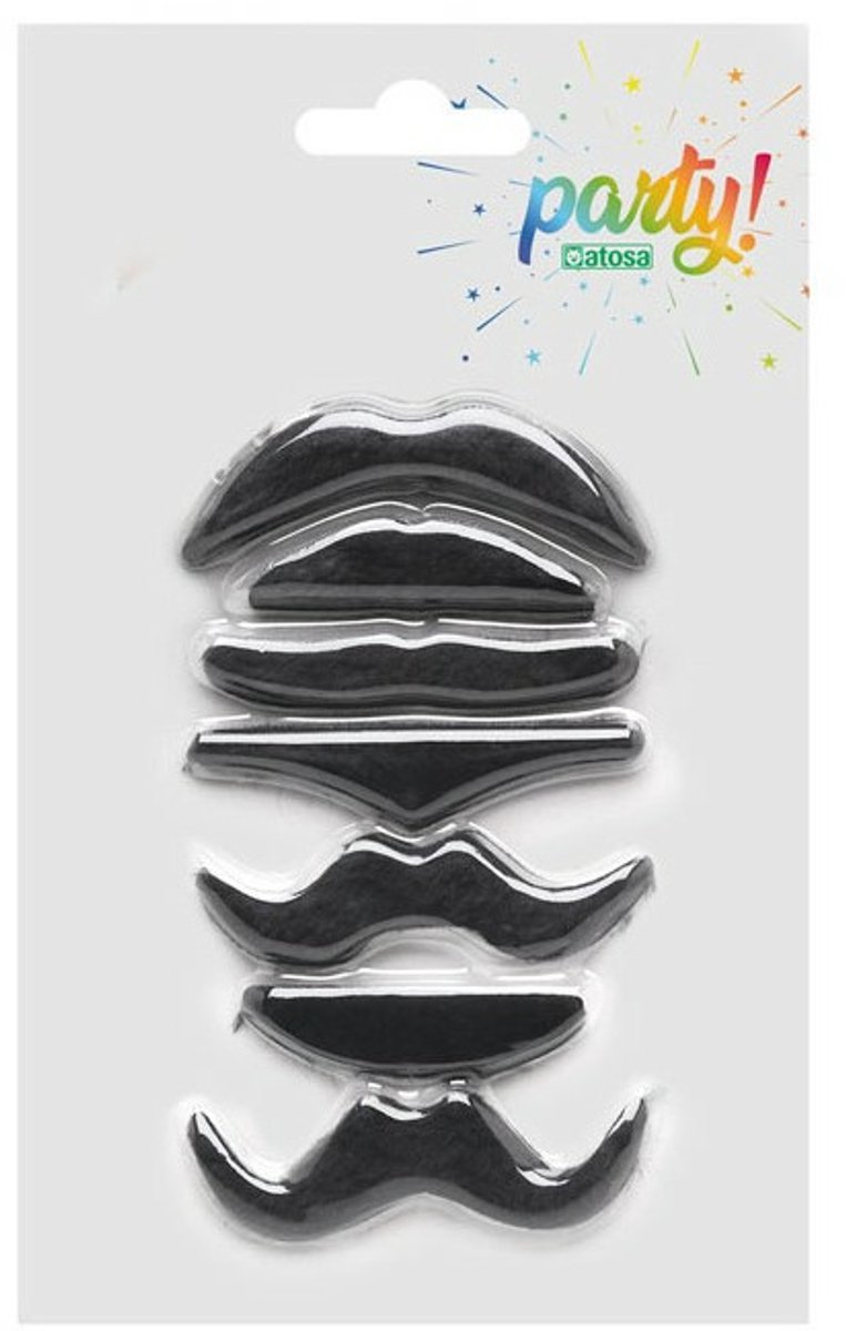 Atosa zelfklevende plaksnorren - set 7 stuks - carnaval/verkleed accessoires - zwart - nepsnorren - plaksnorrren