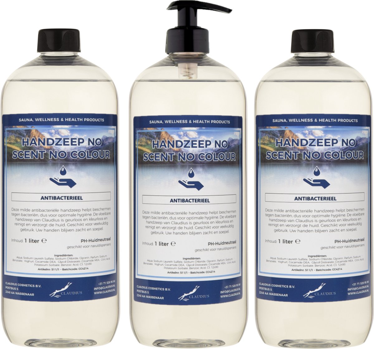 Handzeep No Scent, No Colour 1 liter - met gratis pomp - set van 3 stuks
