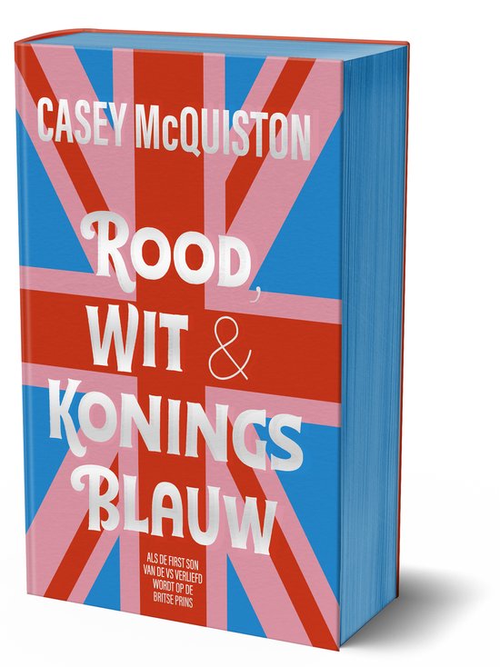 Boek 'Rood, wit & koningsblauw' met de Britse vlag op de kaft. Zilveren letters op rode, witte en roze strepen.