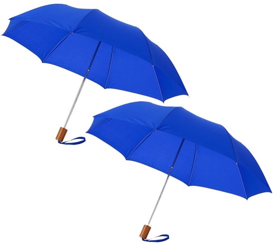 Petit parapluie de poche pliable 35 cm - 2x - bleu cobalt - Diamètre ouvert 93 cm - Modèle compact