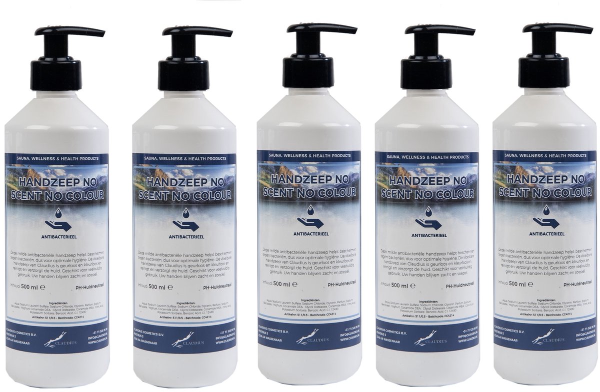 Handzeep No Scent, No Colour 500 ml - met gratis pompje - set van 5 stuks - Voordeelverpakking