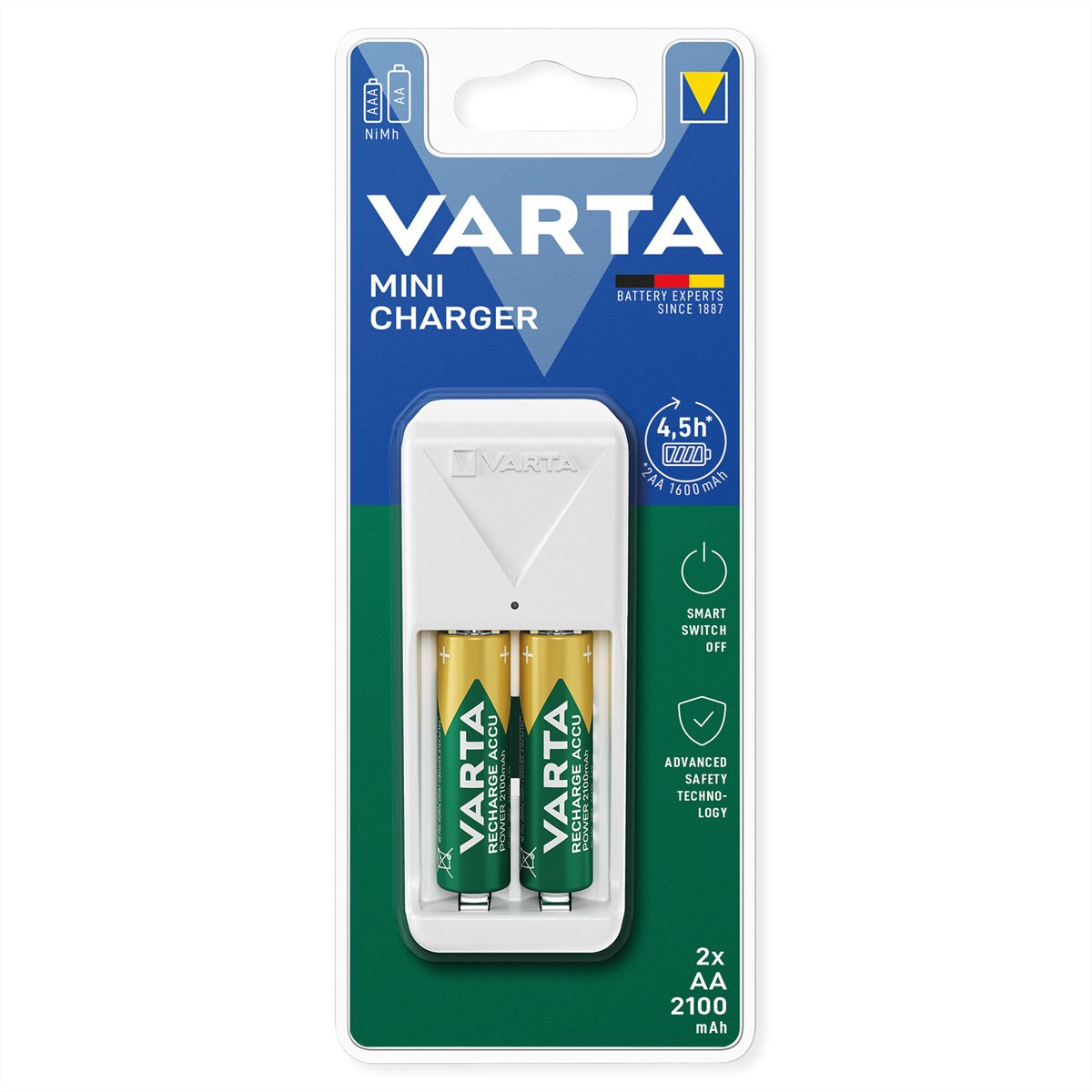 Varta Easy Mini Charger batterijenlader voor AA/AAA met 2x AA / 2100 mAh / wit