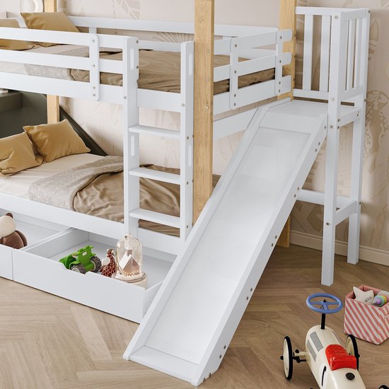 Petrone stapelbed huisje met glijbaan massief grenen 90x200 wit