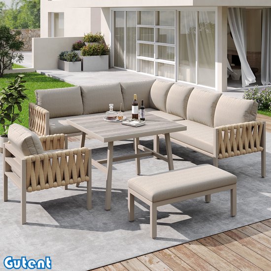 Gutent Tuinmeubelset - Touw - Gegalvaniseerd ijzeren frame - Verstelbare poten - Hoekbank - Gehard glas - Alle zitkussens en kussens inbegrepen - Beige