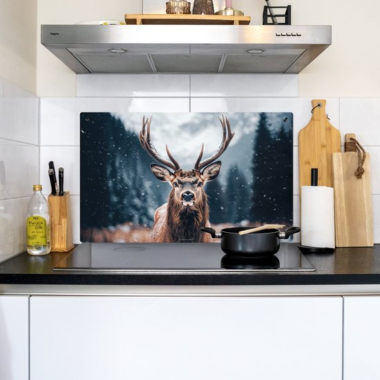 KitchenYeah® Protection plaque induction 90x52 cm - Cerf - Hiver - Tête de cerf - Neige - Bois - Protege plaque de cuisson - Couvre plaque induction - Protecteur d'induction - Cuisine