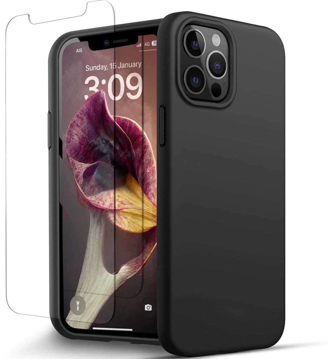 Hoesje Geschikt voor iPhone 12 Pro Max Telefoonhoesje Zwart Met Screenprotector Case