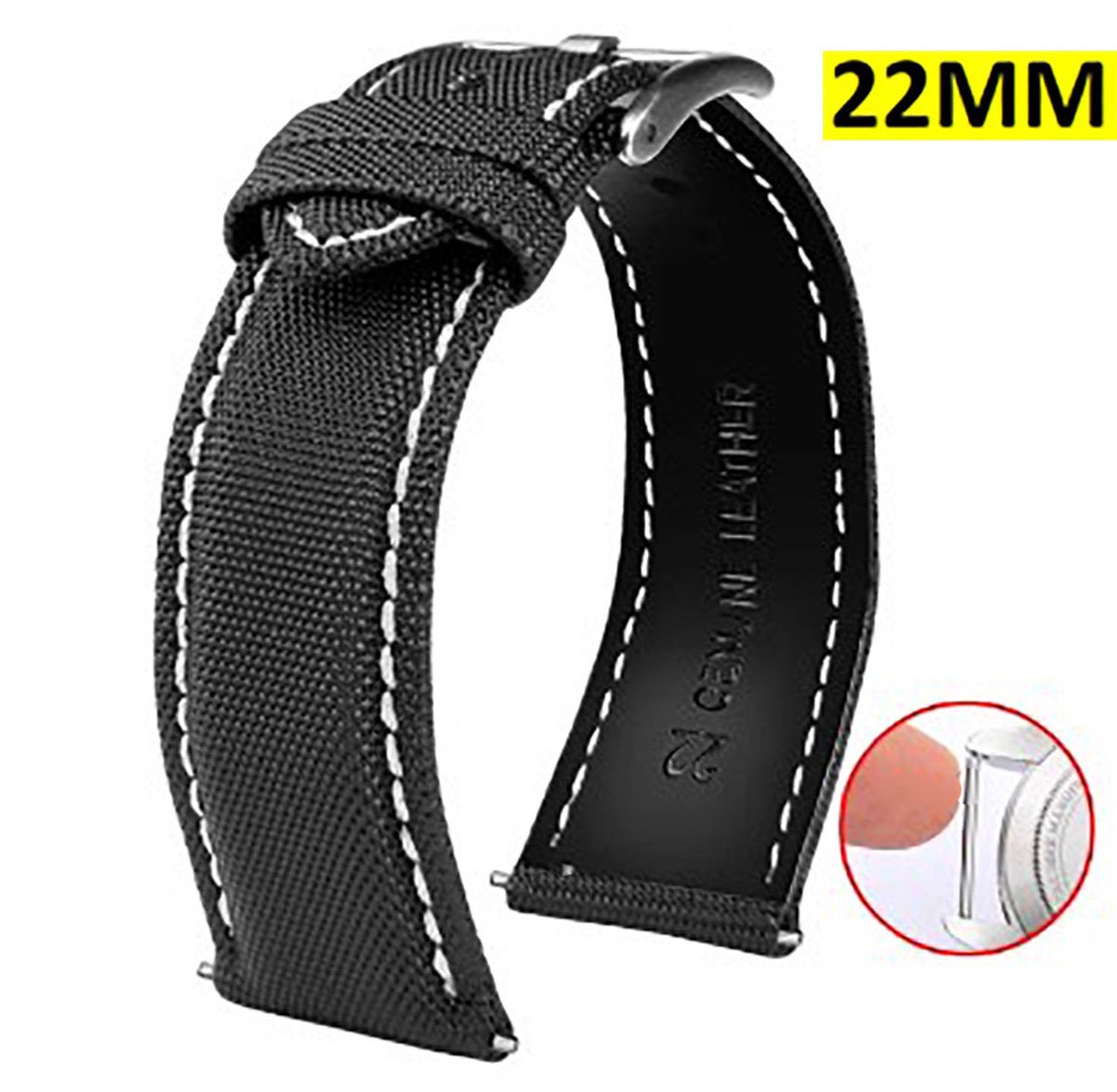 Nylon Horlogeband - Roestvrij Staal - Horlogeband - Zwart Wit - 22MM